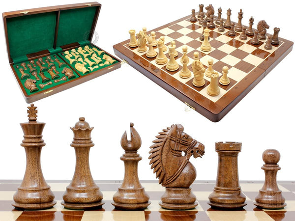Rio Staunton Biggie Knight Acacia Wood 4" Chess Set - 21" Folding Chess Board with Algebraic Notation - 2 Extra Queens