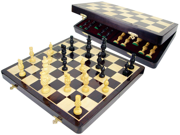 Globe Design Artistic Ebony Chess Set Pieces 4" & 18" Folding Chess Board with Algebraic Notations Wenge Wood/Maple