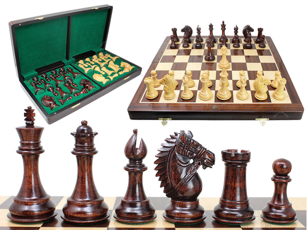 21" Folding Rio Staunton Biggie Knight Ringy Rosewood 4" Chess Set - Chess Board with Algebraic Notation - 2 Extra Queens