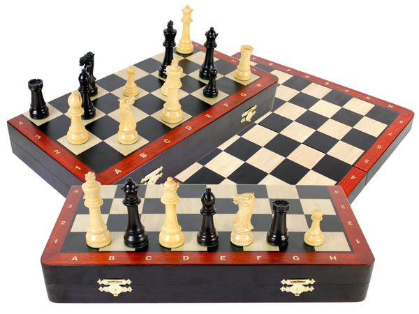 Ebony Wood Folding 16" Chess Board with inlaid Blood Wood border & Algebraic Notations + 3-3/4" Laughing Knight Staunton Pieces