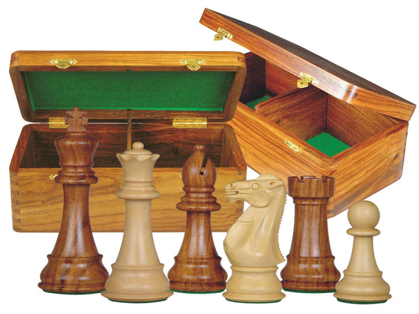 Imperial Staunton Chess Set Pieces 4" & Wooden Hinged Storage Box Golden Rosewood