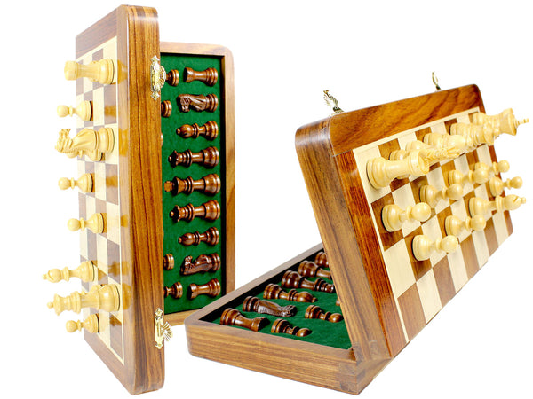 Magnetic Folding Chess Set Golden Rosewood 14"+ Extra 2 Queens - 34pcs