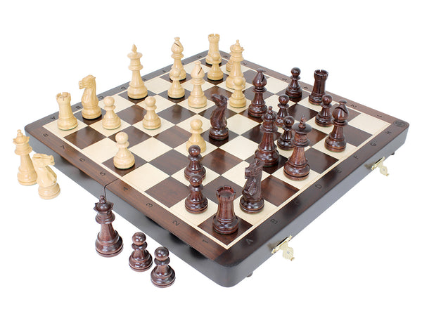 14" Folding Victorian Staunton Ringy Rosewood 3" Chess Set - Chess Board with Engraved Algebraic  Notation - 2 Extra Queens