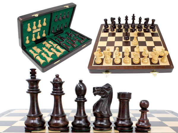 16" Folding Unique Staunton Ringy Rosewood 3.75" Chess Set - Chess Board with Engraved Algebraic Notation - 2 Extra Queens
