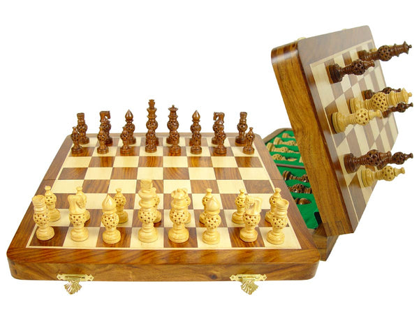 Magnetic Chess Set Globe Design Artistic Pieces 3" & Folding Chess Board 14" Golden Rosewood/Maple