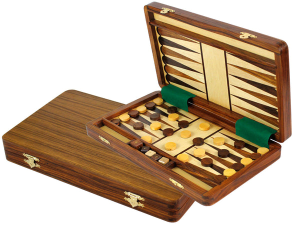 Folding Magnetic Travel Backgammon Set 12"x7" inlaid with Golden Rosewood and Rosewood on White Maple Floor