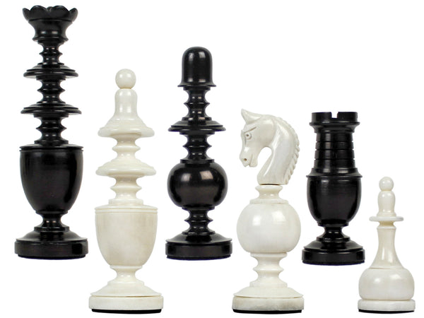 Camel Bone Hand Carved French Regence Chess Pieces King Size 4" Faux Ivory/Black