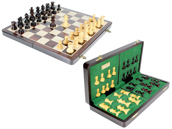 Club Chess Set Wood Magnetic Folding 16" Rosewood/Maple King Size 3" + 2 Extra Queens