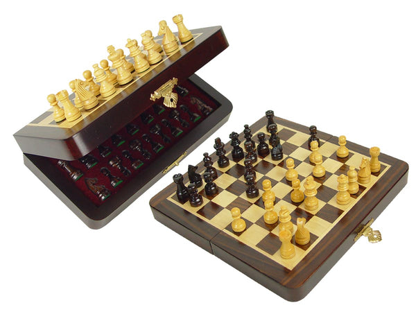 Travel Chess Set Magnetic Folding 7-1/2" with 2 Extra Queens, Pawns & 4 Extra Knights Rosewood/Maple