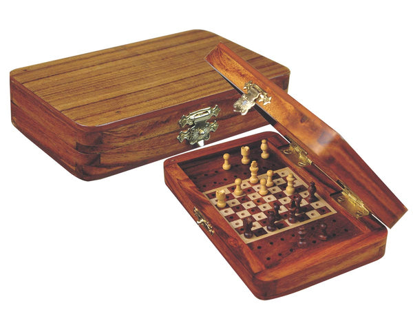 Pegged Chess Set with Extra Pegs Standing Space Golden Rosewood/Maple 5"x3"