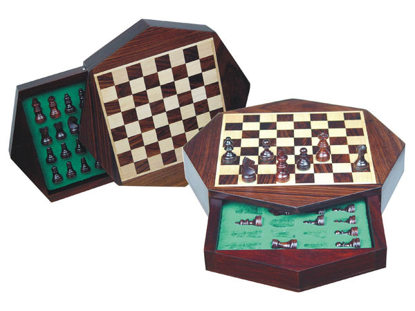 Travel Magnetic Chess Set 9" Octagonal Shape with Drawer Rosewood/Maple