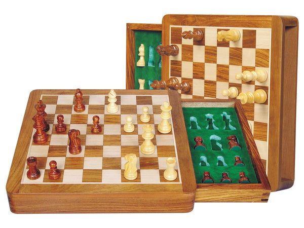 Travel Chess Set Magnetic Push Drawer 10" With Inserts Golden Rosewood/Maple