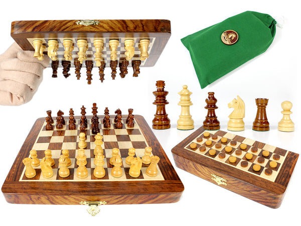 Travel Magnetic Chess Set Folding 9" with 2 Extra Queens, Pawns & Checkers Golden Rosewood/Maple