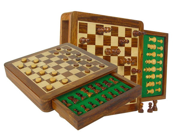 Travel Magnetic Chess Set & Checkers in 10"x10" Flat Drawer Golden Rosewood/Maple