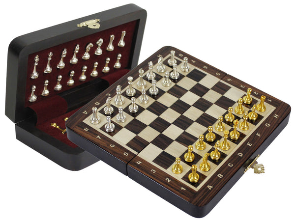 Metal Wood Chess Set Magnetic Folding 9" with Inlaid Algebraic Notations Rosewood/Maple