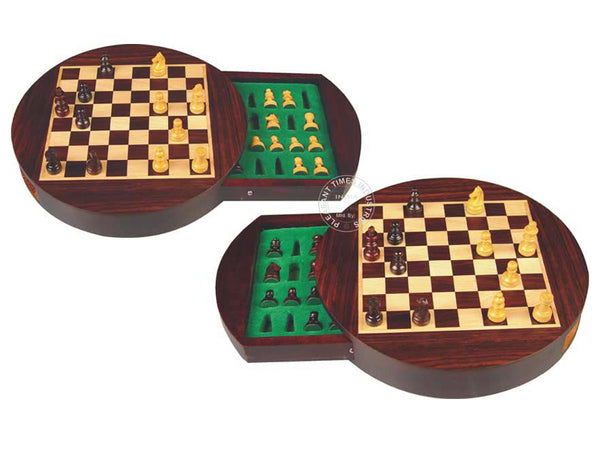 Travel Magnetic Chess Set 9" Round Shape with Drawer Rosewood/Maple