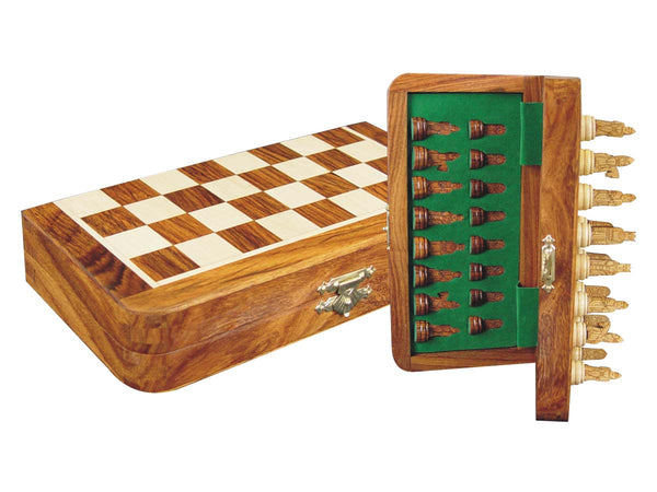 Isle of Lewis Theme Magnetic Chess Set Folding 8" Golden Rosewood/Maple