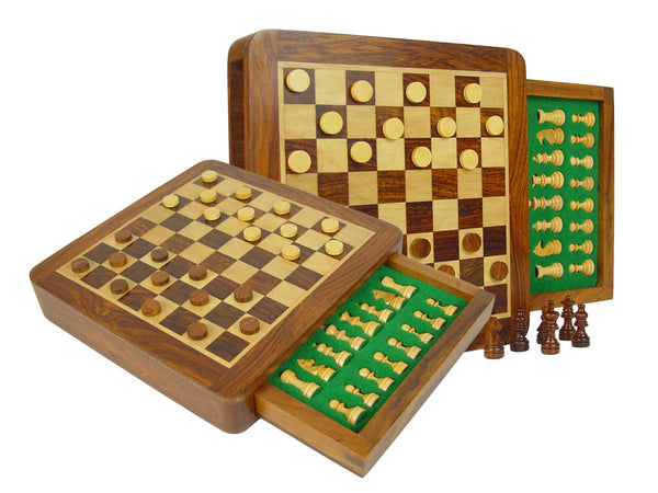 Travel Magnetic Chess Set & Checkers in 7-1/2"x7-1/2" Flat Drawer Golden Rosewood/Maple