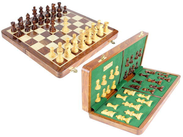 16" Folding Magnetic Club Chess Set in Golden Rosewood/Maple - King Size 3" + 2 Extra Queens