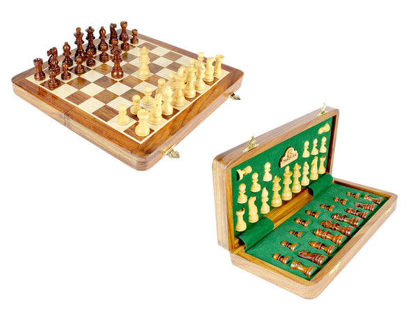 12" Wooden Chess Set Travel Magnetic Folding Board Golden Rosewood + 2 Extra Queens