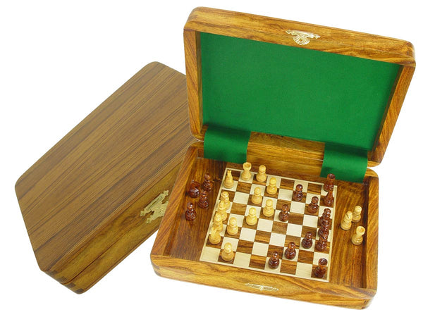 Travel Magnetic Chess Set Board Inside 9"x7" Golden Rosewood/Maple