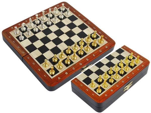 Metal Wood Chess Set Magnetic Folding 9" with Inlaid Algebraic Notations Ebony/Maple & Bloodwood Border