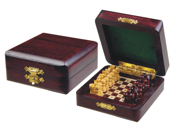 Miniature Chess Set Wooden Pegged Board Inside Rosewood/Maple 3"x3"