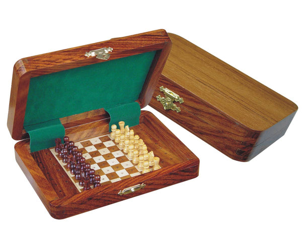 Wood Travel Pegged Chess Set Inlaid Board Inside & Pieces Golden Rosewood/Maple 7"x5"