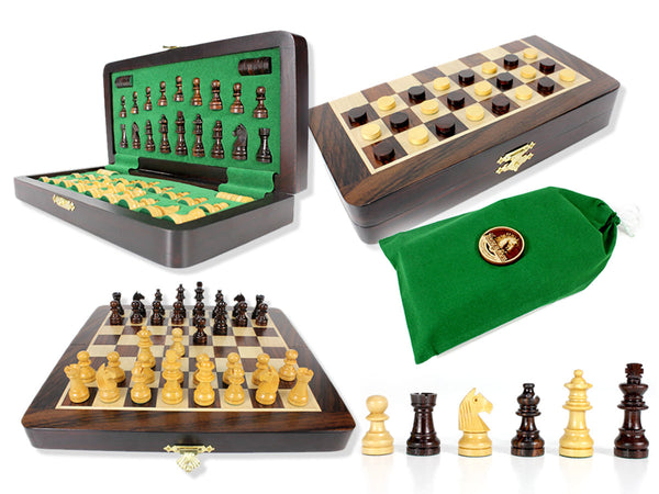 Travel Magnetic Chess Set Folding 9" with 2 Extra Queens, Pawns & Checkers Rosewood/Maple
