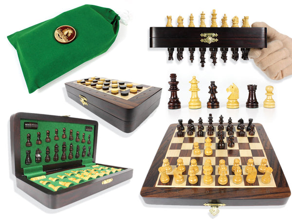 Travel Magnetic Chess Set Folding 9" with 2 Extra Queens, Pawns & Checkers Rosewood/Maple + Algebraic Notations