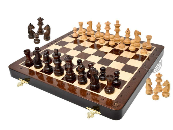 12" Wooden Magnetic Folding Travel Chess Set / Board with 4 Extra Knights, 2 Extra Pawns, 2 Extra Queens and Algebraic Notation - Handmade