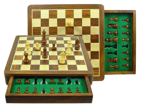 Travel Chess Set Magnetic Push Drawer 14" with Inserts Golden Rosewood/Maple