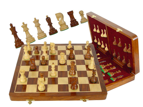 Wooden Tournament Chess Set Yugo Staunton 3-3/4" & 18" Folding Chess Board and Box Golden Rosewood/Maple