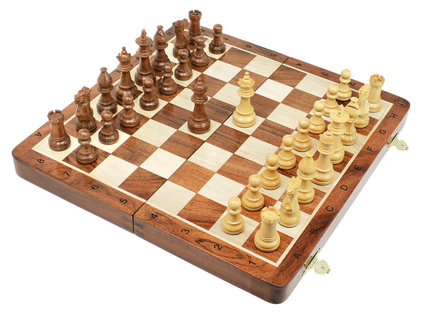 14" Folding Victorian Staunton Golden Acacia Wood 3" Chess Set - Chess Board with Engraved Algebraic  Notation - 2 Extra Queens