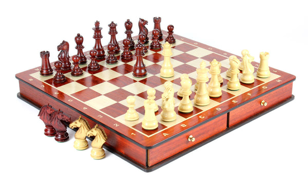 Bud Rosewood / Boxwood Chess Set Pieces Galaxy Staunton 3" (76 mm) with 15" Bud Rosewood Board + 2 Extra Queens, 4 Extra Knights & 2 Extra Pawns