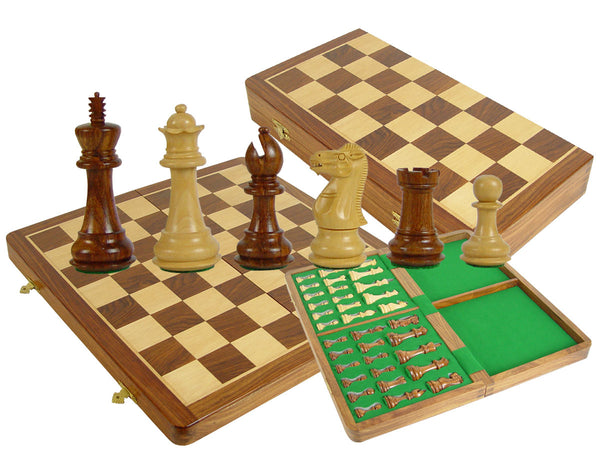 Tournament Chess Set Regal Staunton 3-3/4" & Wooden Folding Chess Board 18" Golden Rosewood/Maple