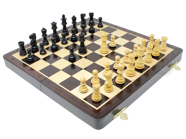 Wooden Folding Chess Set / Board - 14" in Ringy Rosewood with Galaxy Staunton 2.75" Weighted Chess Pieces in Ebony Wood + 2 Extra Queens & Pawns + Algebraic Notation