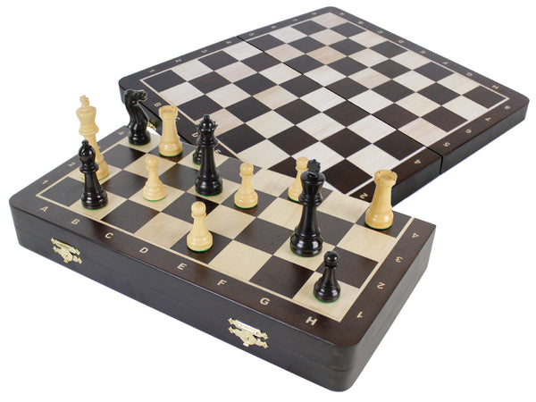 Laughing Knight Staunton Ebony Chess Pieces & 16" Folding Wenge Wood Board with Inlaid Maple Algebraic Notations