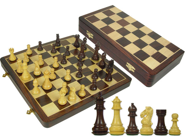 Premier Chess Set Royal Knight Staunton 3-1/2" & Wooden Folding Chess Board 16" Rosewood/Maple