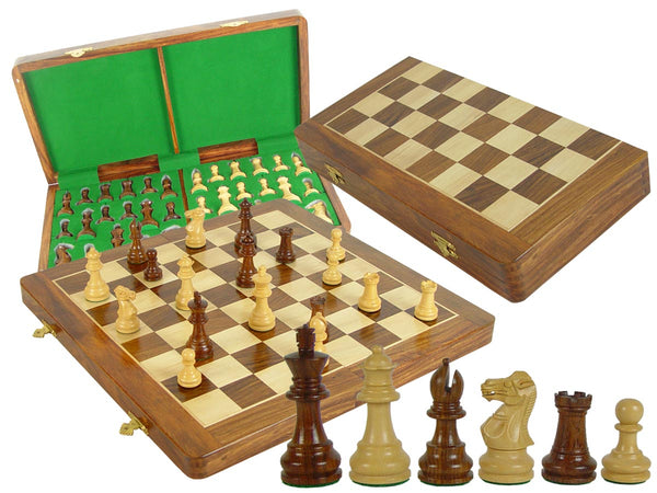 Wood Chess Set Monarch Staunton 3" & Folding Chess Board 17" with Box Golden Rosewood/Maple