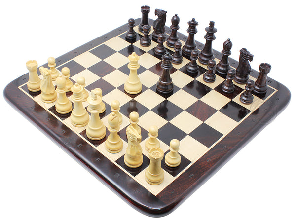 Unique Staunton 3.75" King Height Ringy Rosewood Weighted Chess Set and 17" Flat Chess Board with Algebraic Notations - 2 Extra Queens