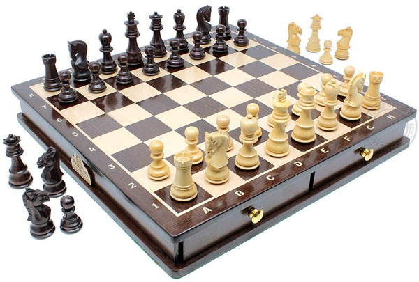 15" Chess Board/Drawer + 3" Galaxy Staunton Chess Set Rosewood/Boxwood with 2 Extra Queens, 4 Extra Knights & 2 Extra Pawns