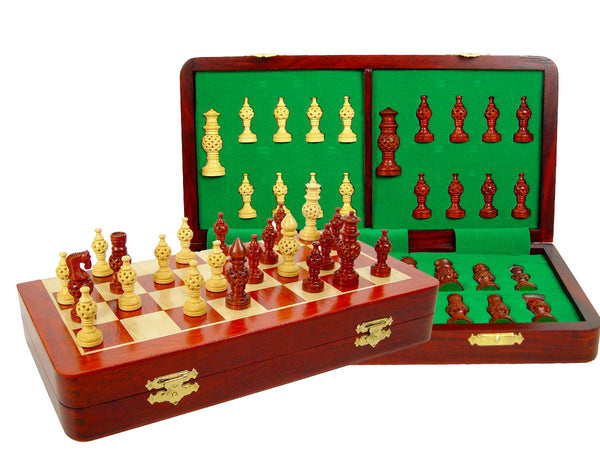 Globe Design Artistic Chess Set 3" & 14" Folding Chess Board Blood Wood/Maple