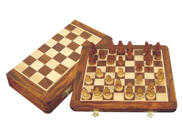 Isle of Lewis Theme Magnetic Chess Set Folding 12" Golden Rosewood/Maple
