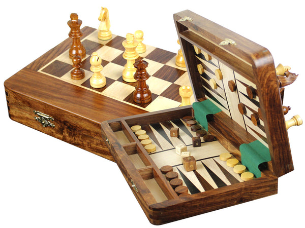 Wood Magnetic Travel Chess Set & Backgammon Combo Folding 12"x7" Wide Bordered Golden Rosewood/Maple
