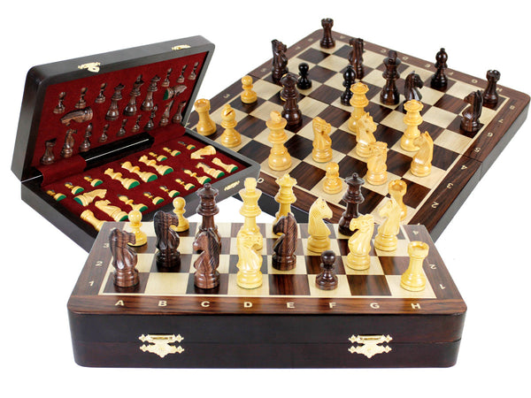 Travel Chess Set Magnetic Folding 12" with 2 Extra Queens, Pawns & 4 Extra Knights Rosewood/Maple and Inlaid Algebraic Notations