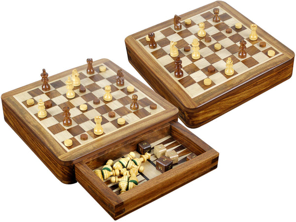 Magnetic Chess Set and Inlaid White Maple Floor Backgammon Combo with Push Drawer 7-1/2" Golden Rosewood/Maple