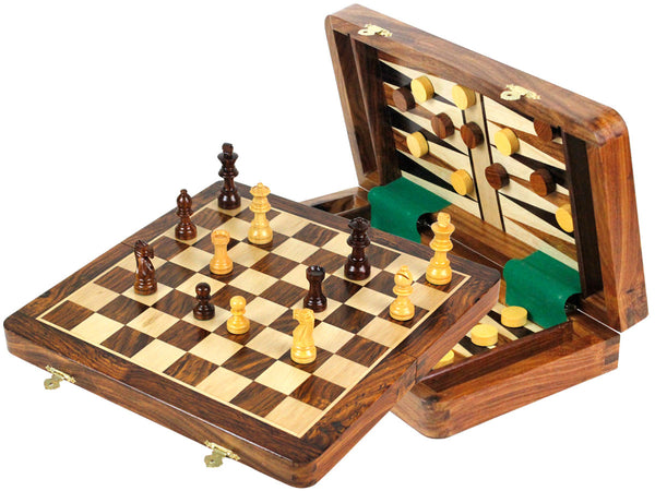 Wood Magnetic Travel Chess Set and Backgammon Combo Folding Golden Rosewood/Maple