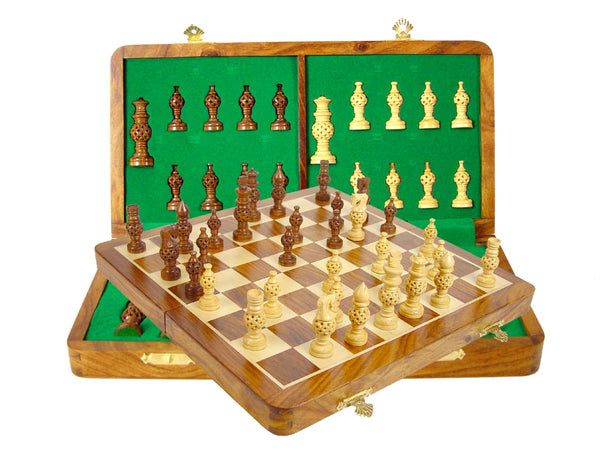 Globe Design Artistic Chess Set 3" & 14" Folding Chess Board Golden Rosewood/Maple