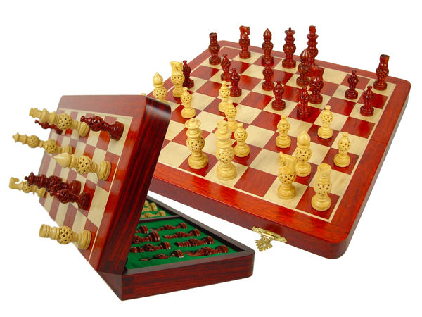 Magnetic Chess Set Globe Design Artistic Pieces 3" & Folding Chess Board 14" Blood Wood/Maple